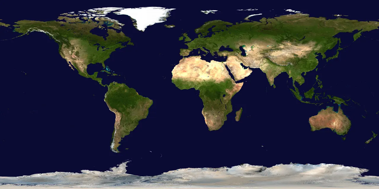 Detailed true-color satellite image of the whole Earth showing green forests, brown deserts, and white polar ice.