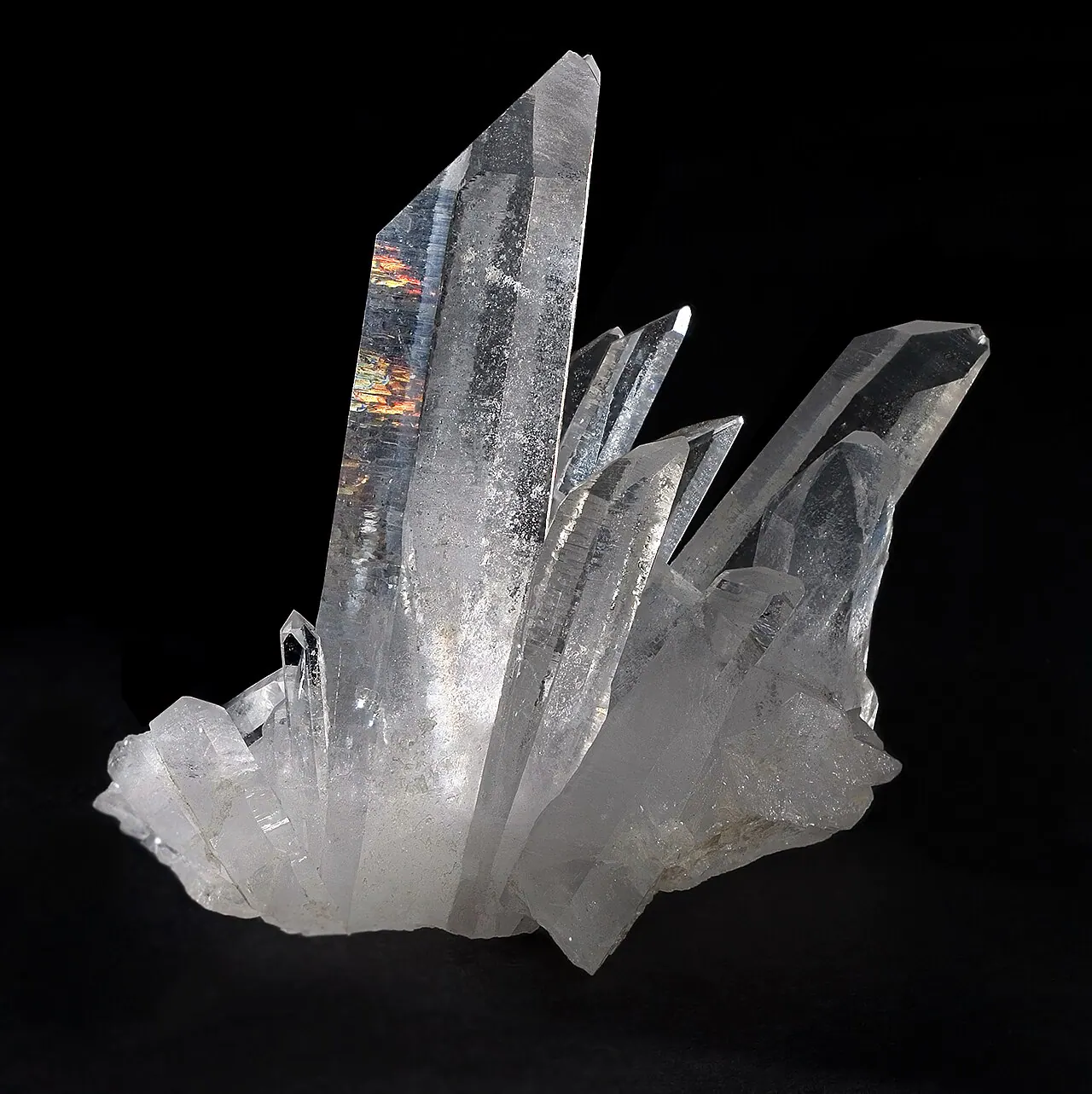 A cluster of glassy six-sided quartz crystals from Tibet against a black background.