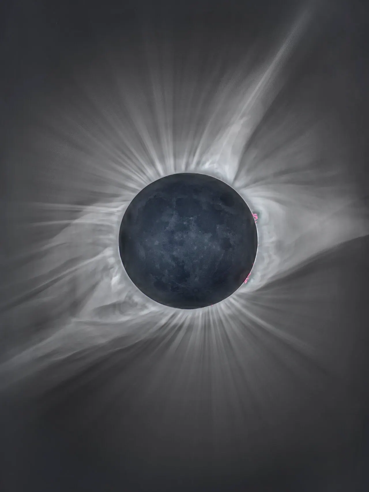The totally eclipsed sun of August 21, 2017: the black disc of the moon ringed by the sun's white streaming corona.